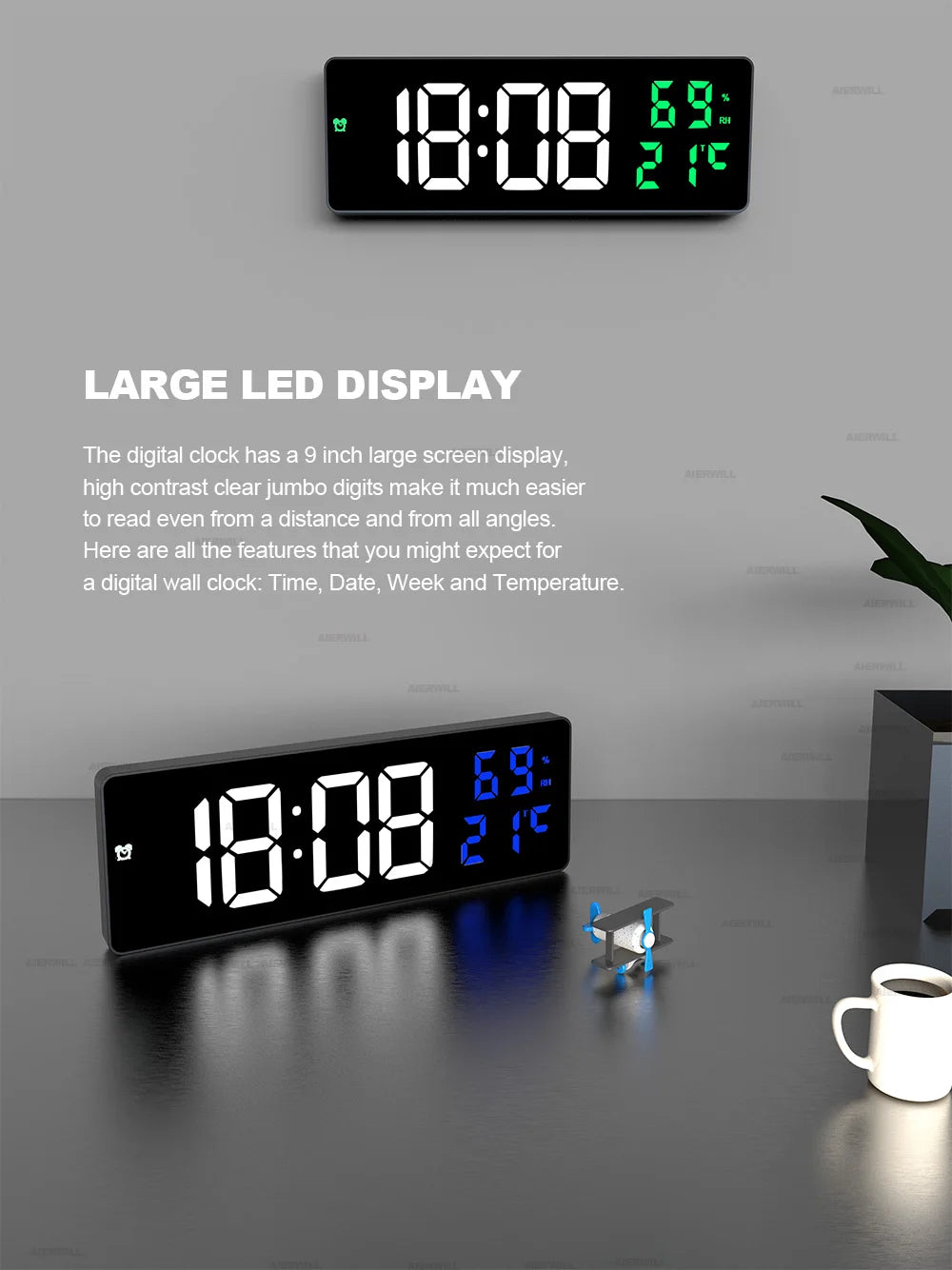 9“ Digital Wall Clock Large LED Screen Temperature Humidity Display Electronic Alarm Clock Home Decoration 12/24H Table Clock