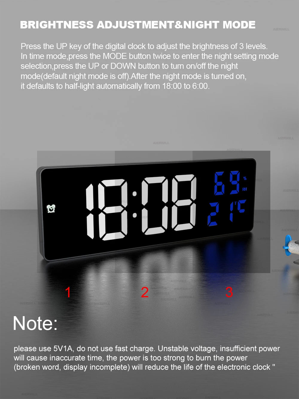 9“ Digital Wall Clock Large LED Screen Temperature Humidity Display Electronic Alarm Clock Home Decoration 12/24H Table Clock